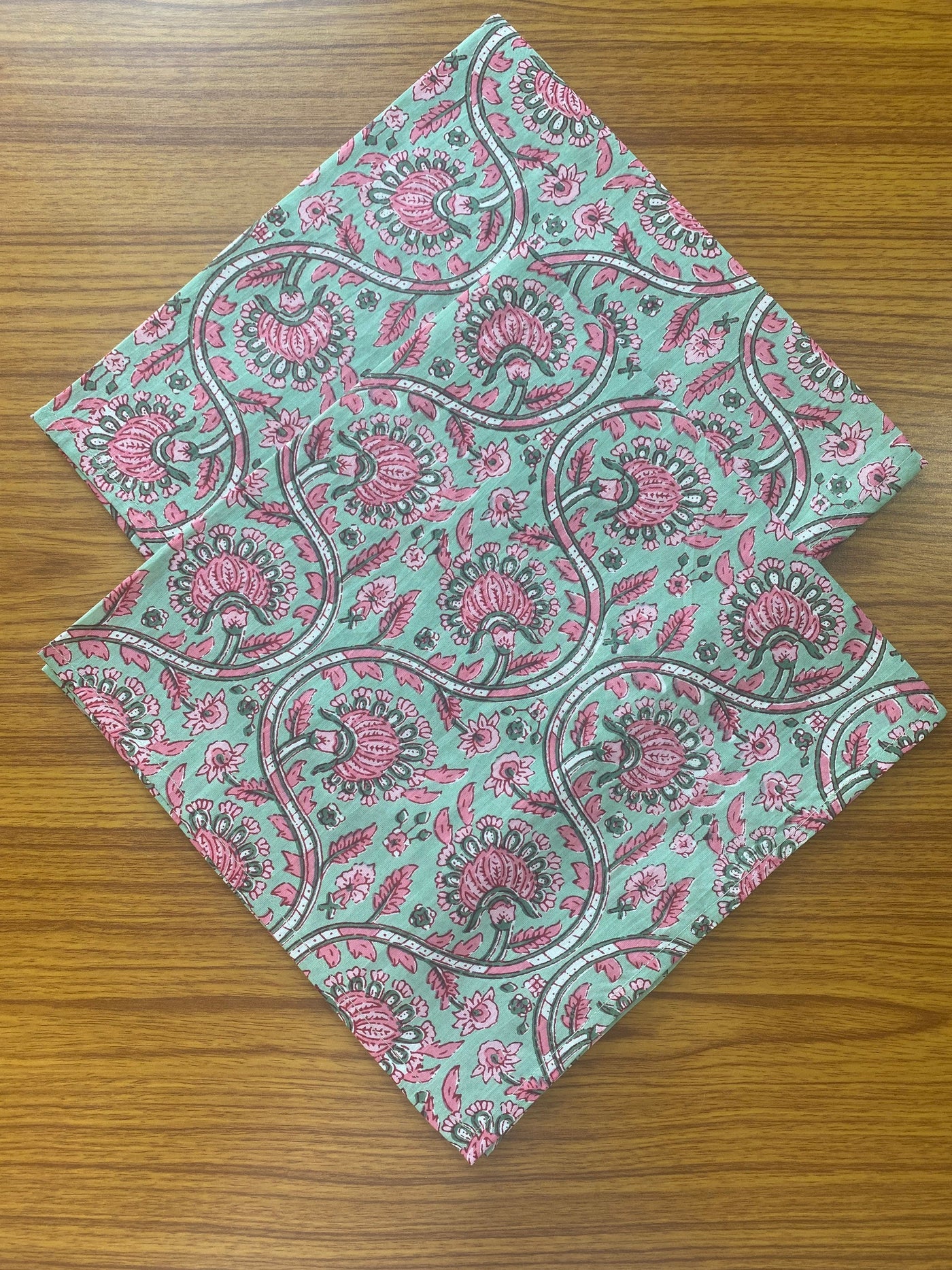 Fabricrush Tea and Middle Green, Salmon Pink Indian Floral Hand Block Printed Pure Cotton Cloth Napkins, 18x18"- Cocktail Napkins, 20x20"- Dinner Napkins