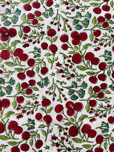 Garnet Red, Emerald and Moss Green Floral Indian Hand Block Print 100% Pure Cotton Cloth, Fabric by the yard, Women's Clothing Quilting Bag