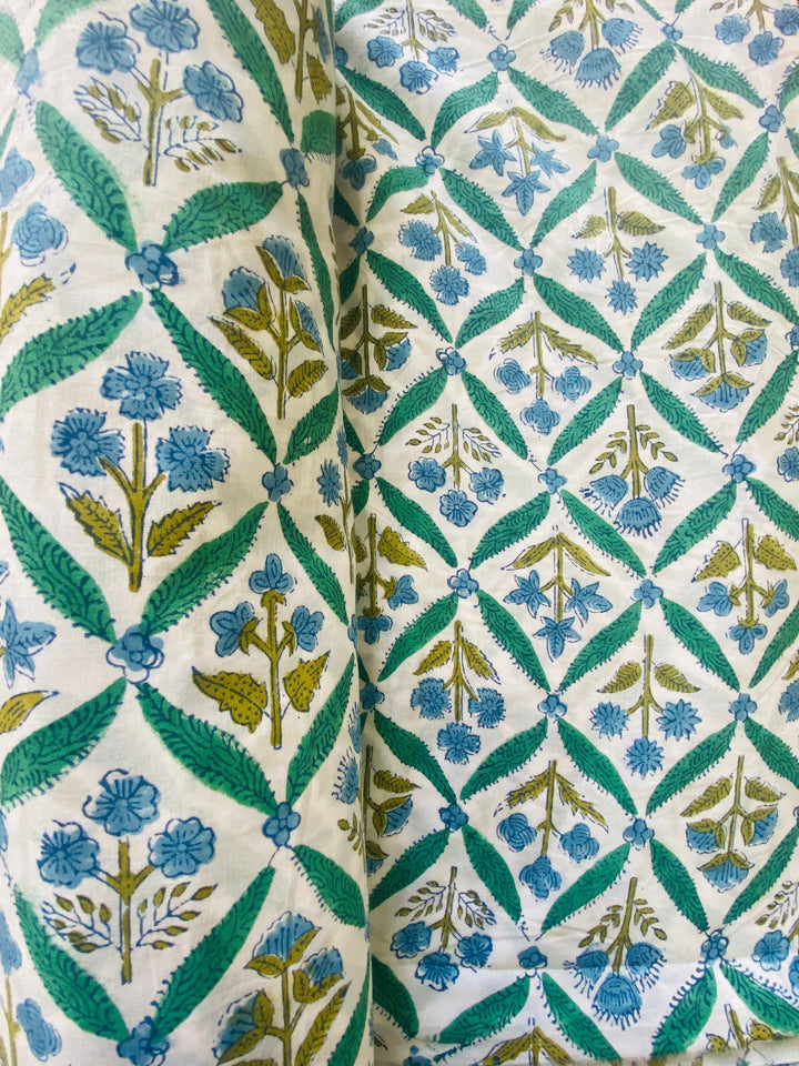 Fabricrush Blue and Green Indian Floral Hand Block Printed 100% Cotton Cloth, Fabric by the Yard, Women's Clothing Curtains Pillows Cushions Lampshades