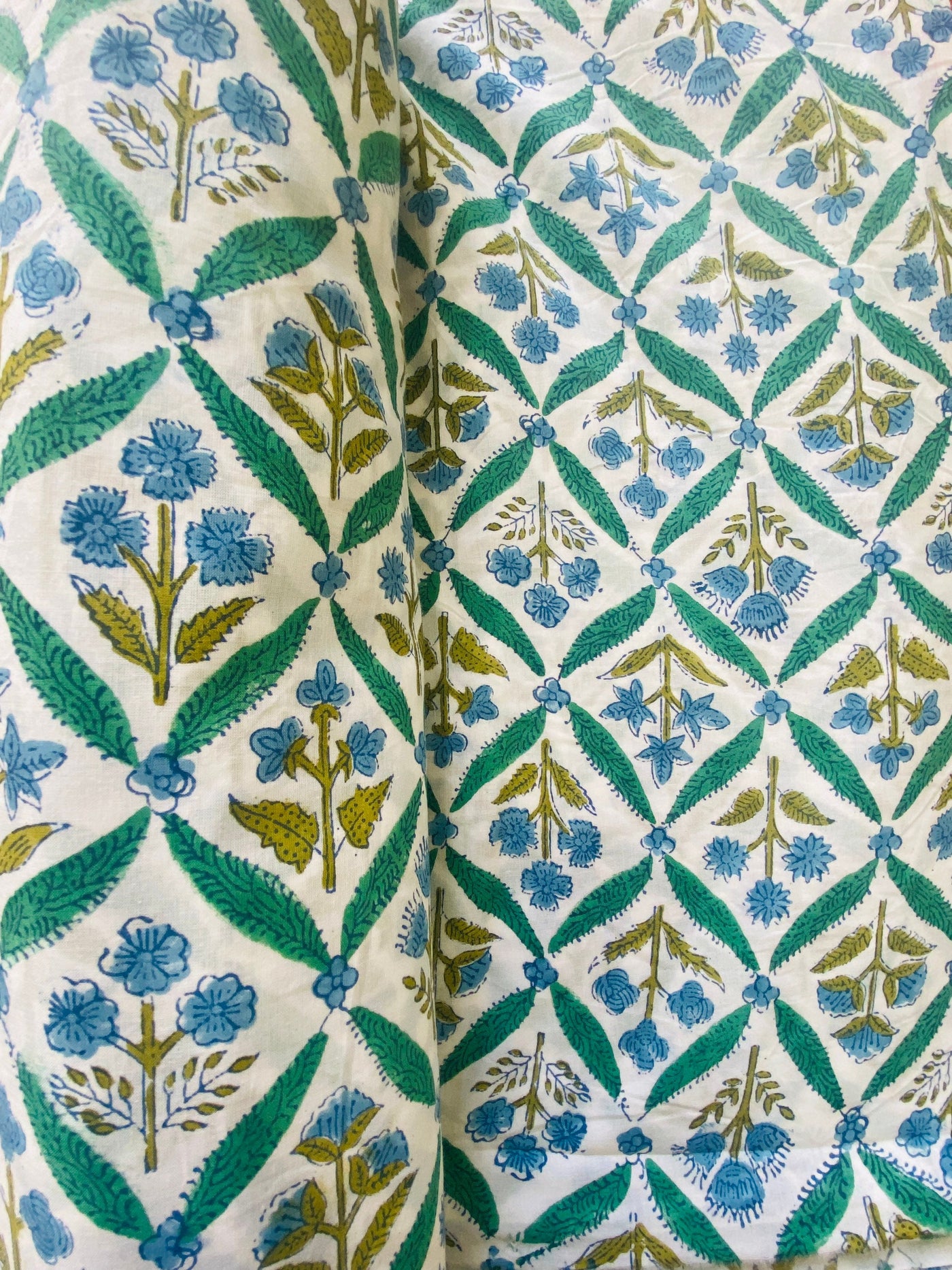 Blue and Green Indian Floral Hand Block Printed 100% Cotton Cloth, Fabric by the Yard, Women's Clothing Curtains Pillows Cushions Lampshades