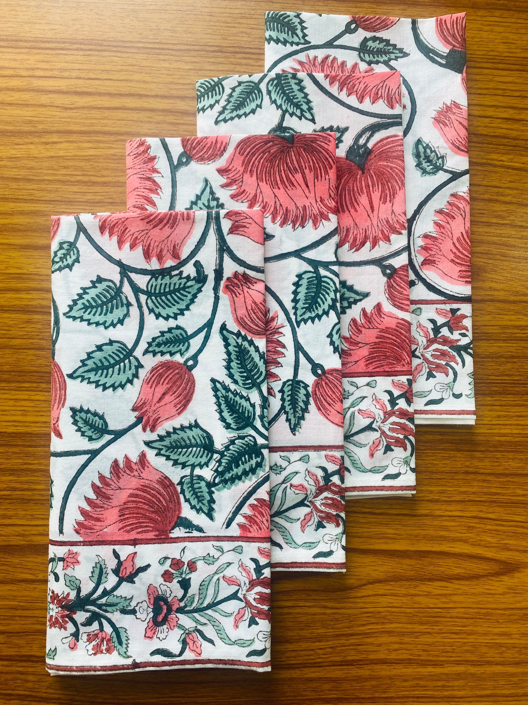 Burnt Orange, Coral and Turquoise Green Hand Block Floral Printed Size 20x20