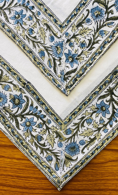 Blue and Green Indian Hand Block Floral Printed 100% Pure Cotton Cloth Napkins, Size 20x20" Wedding Birthday Anniversary Bridal Shower Baby Shower Farmhouse Home Decor Party Housewarming Garden Outdoor Patio Holiday Picnic School