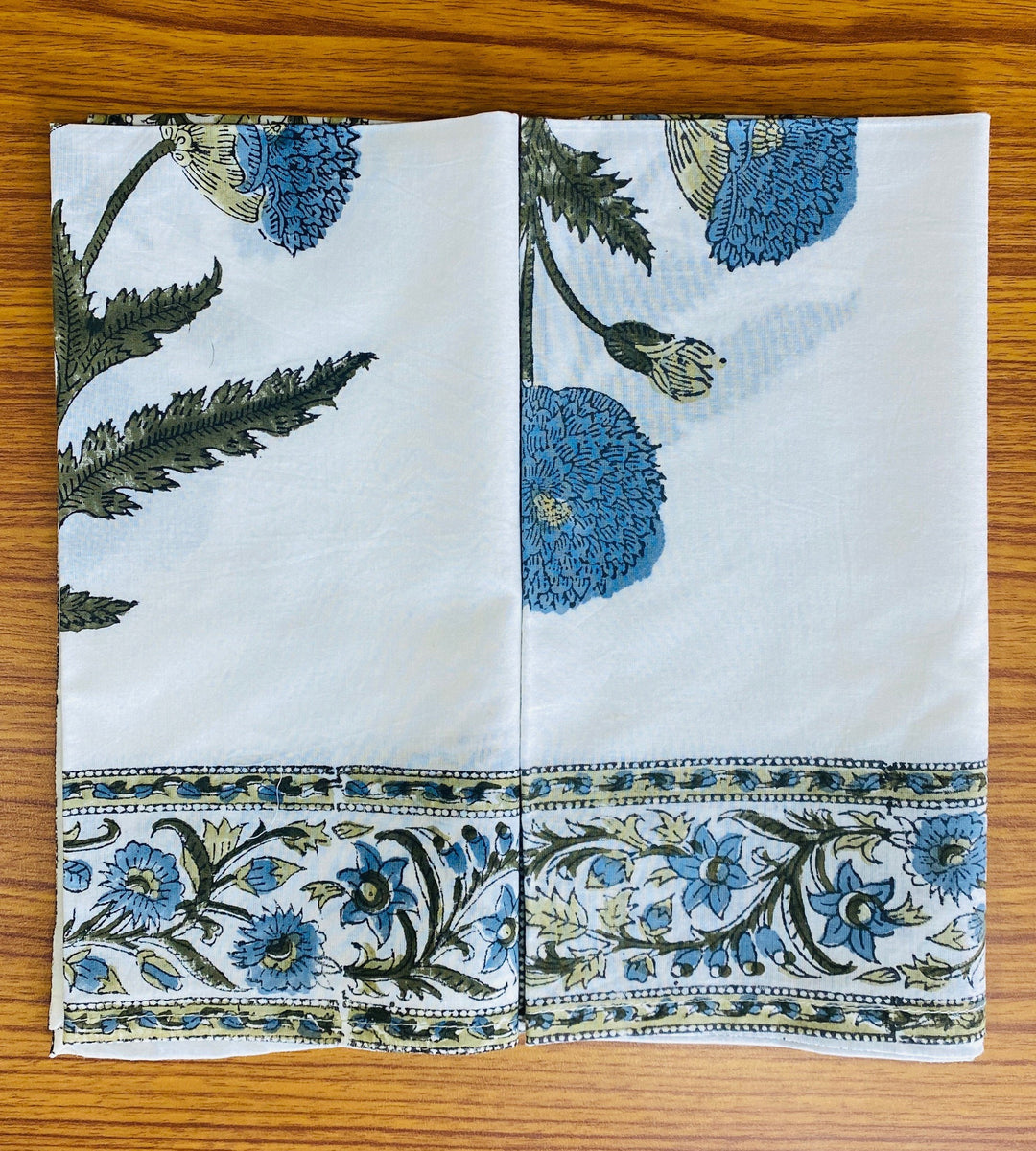 Fabricrush Blue and Green Indian Hand Block Floral Printed 100% Pure Cotton Cloth Border Napkins, Size 20x20" Wedding Birthday Anniversary, Gift for her, gifts