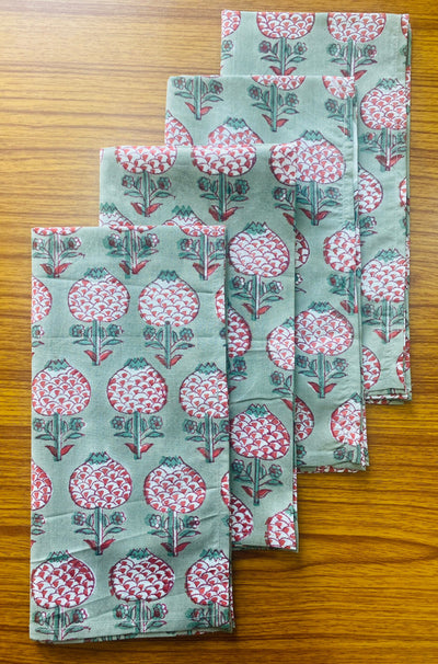 Sage Green, Cherry Red Indian Hand Block Floral Printed Pure Cotton Cloth Napkins, Bandana, 18x18"-Cocktail Napkins, 20x20"- Dinner Napkins