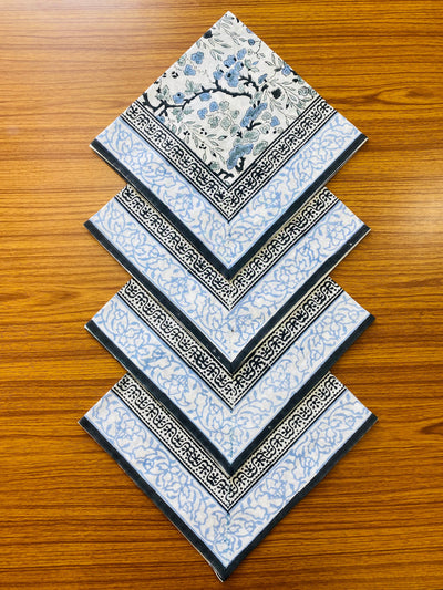 Fabricrush Spruce, Carolina and Powder Blue Indian Floral Hand Block Printed 100% Pure Cotton Cloth Napkins, Size 20x20", Housewarming, Wedding Decor, Room Decor
