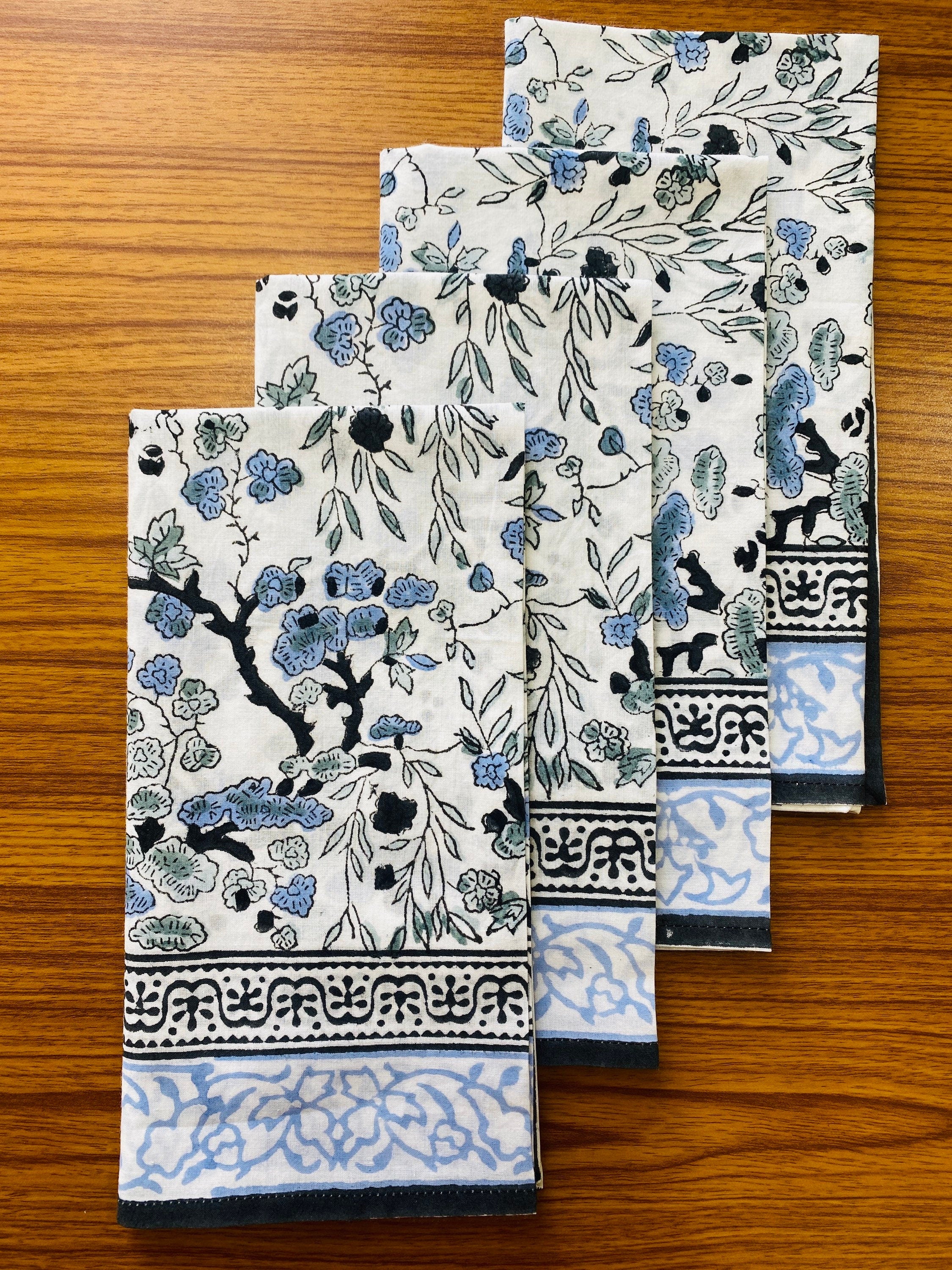 Spruce, Carolina and Powder Blue Indian Floral Hand Block Printed 100% Cotton Border Napkins, Size 20x20