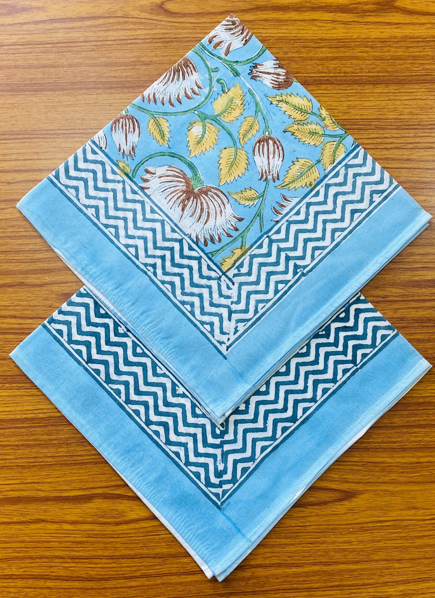 Fabricrush Airforce Blue, Goldenrod Yellow Indian Floral Hand Block Printed Cotton Cloth Napkins, Size- 20x20" -Dinner Napkins, Farmhouse Picnic Party