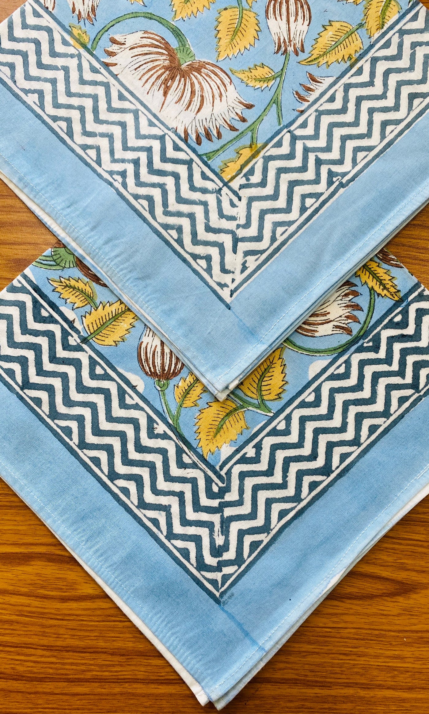 Fabricrush Airforce Blue, Goldenrod Yellow Indian Floral Hand Block Printed Cotton Cloth Napkins, Size- 20x20" -Dinner Napkins, Farmhouse Picnic Party