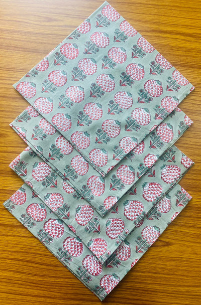 Sage Green, Cherry Red Indian Hand Block Floral Printed Pure Cotton Cloth Napkins, Bandana, 18x18"-Cocktail Napkins, 20x20"- Dinner Napkins