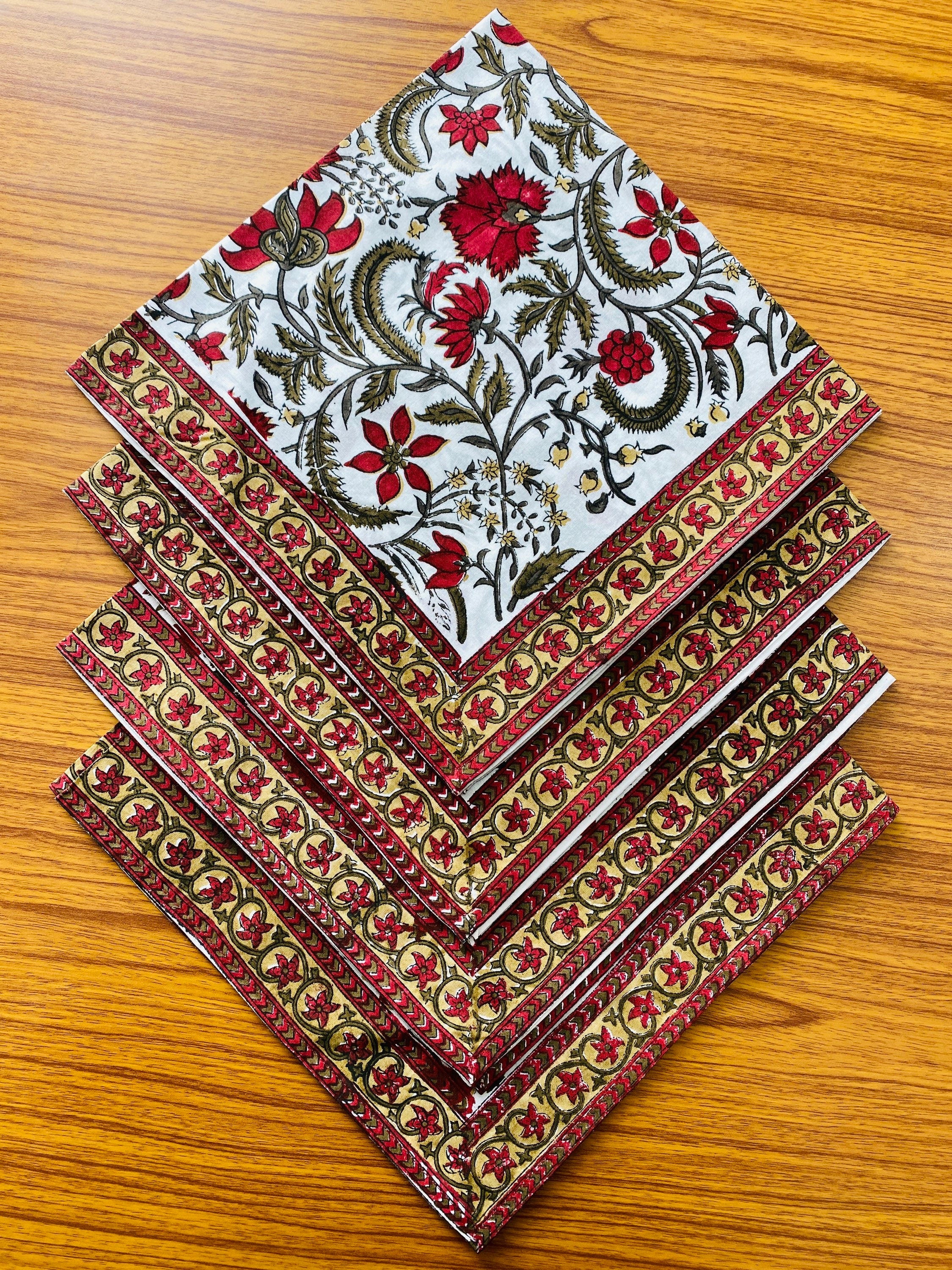 Prune Red and Army Green Indian Floral Hand Block Printed 100% Cotton Border Napkins Size 20x20