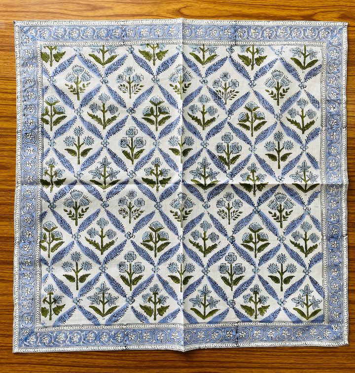 Light Steel Blue, Olive Green Indian Floral Hand Block Printed 100% Pure Cotton Border Napkins Size 20x20"