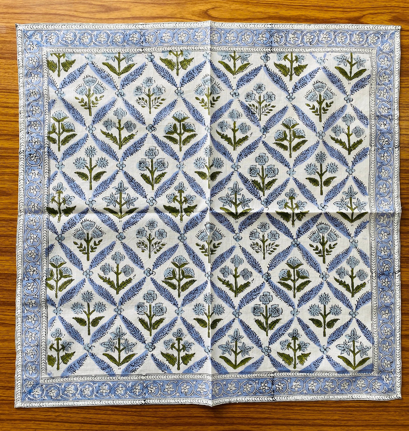 Light Steel Blue, Olive Green Indian Floral Hand Block Printed 100% Pure Cotton Cloth Napkins Size 20x20" Set of 4,6,12,24,48 Valentines Day