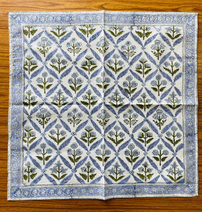 Fabricrush Light Steel Blue, Olive Green Indian Floral Hand Block Printed 100% Pure Cotton Cloth Border Napkins Size 20x20" Dinner Napkin