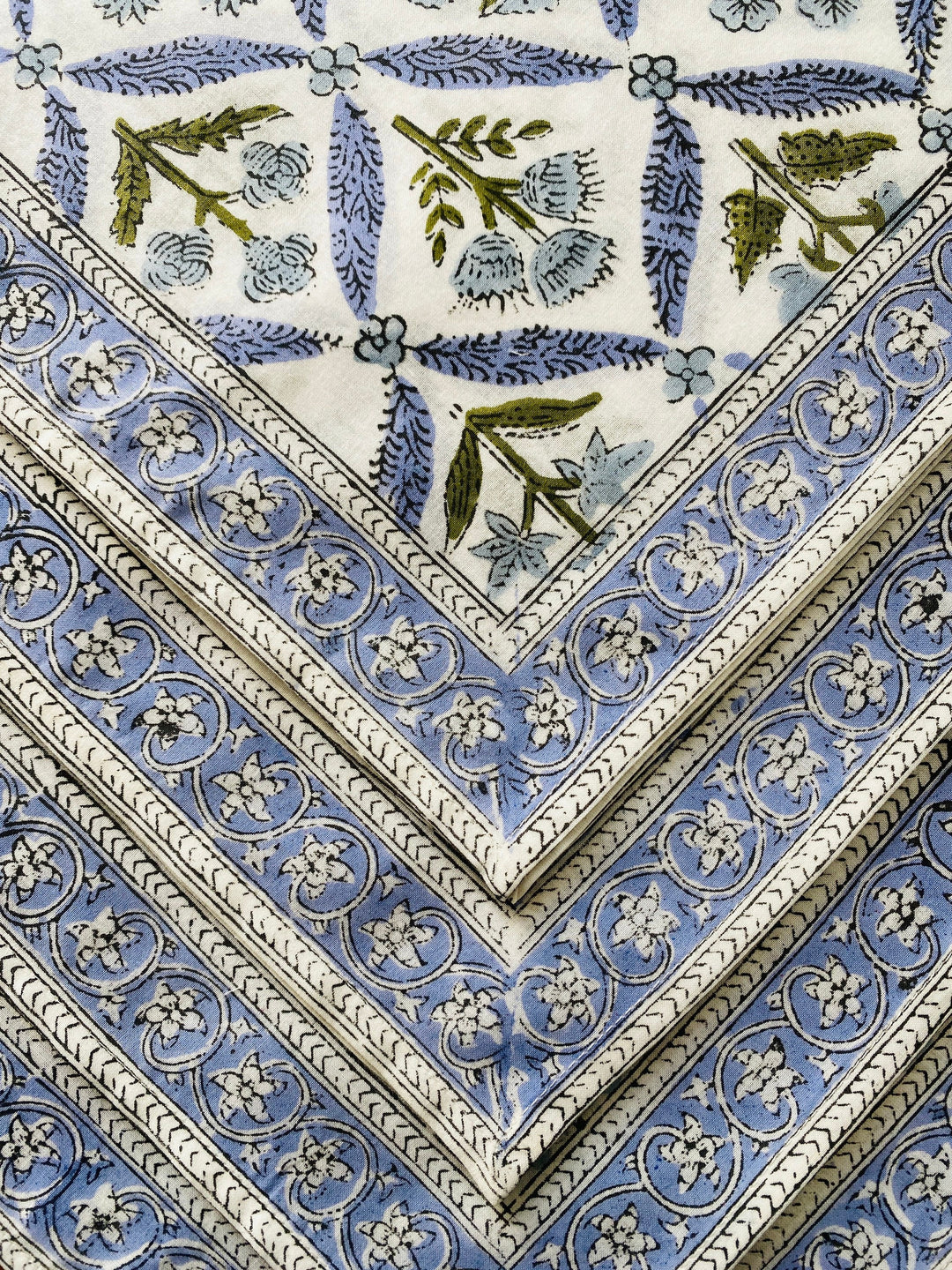 Light Steel Blue, Olive Green Indian Floral Hand Block Printed 100% Pure Cotton Border Napkins Size 20x20"