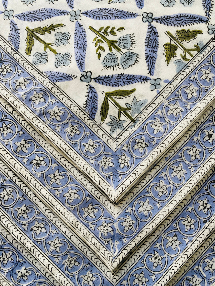 Light Steel Blue, Olive Green Indian Floral Hand Block Printed 100% Pure Cotton Border Napkins Size 20x20"