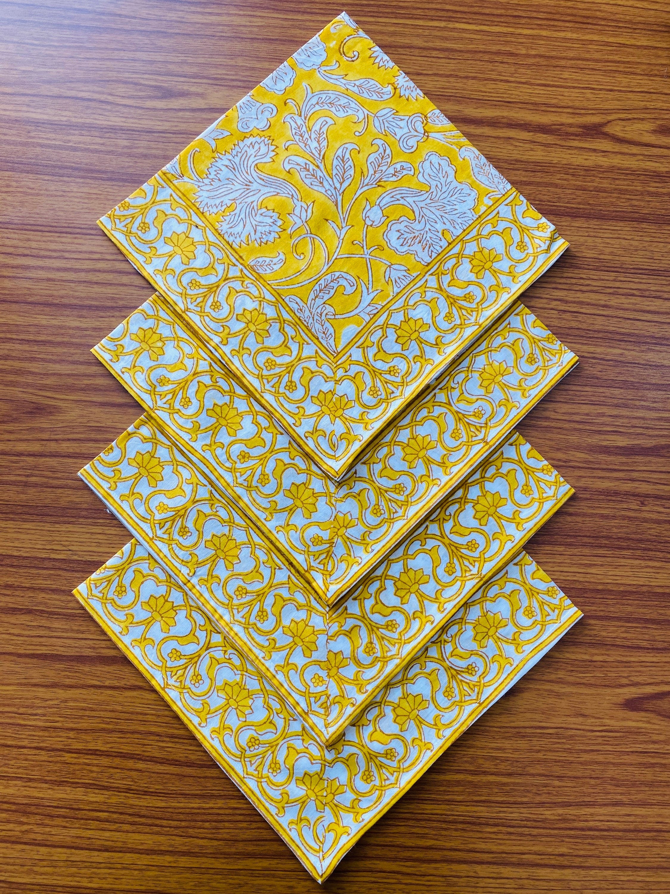 Saffron Yellow and Off White Indian Floral Hand Block Printed Border 100% Pure Cotton Cloth Napkins Size 20x20