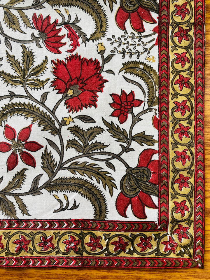 Prune Red and Army Green Indian Floral Hand Block Printed 100% Cotton Border Napkins Size 20x20"