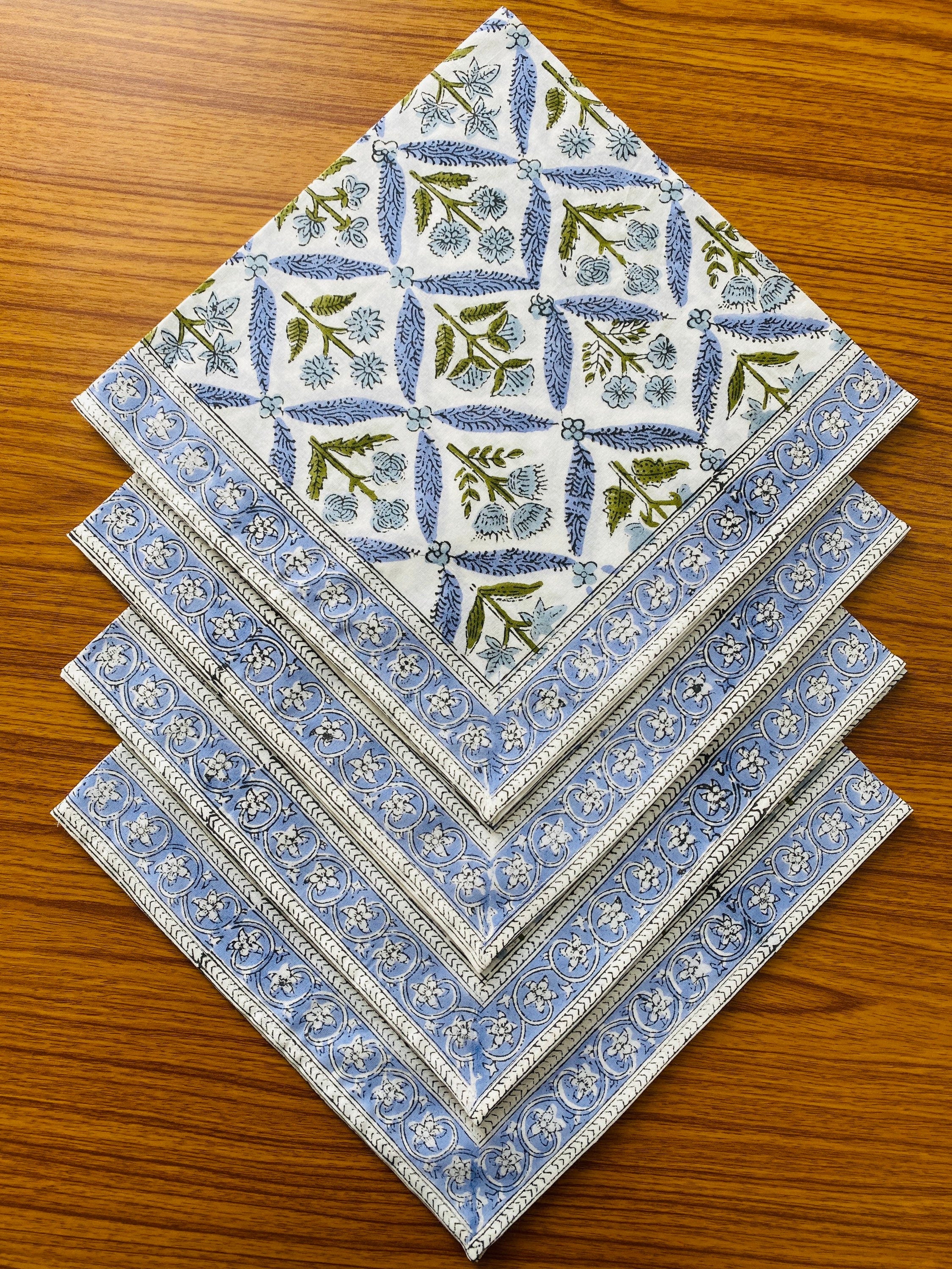 Light Steel Blue, Olive Green Indian Floral Hand Block Printed 100% Pure Cotton Border Napkins Size 20x20