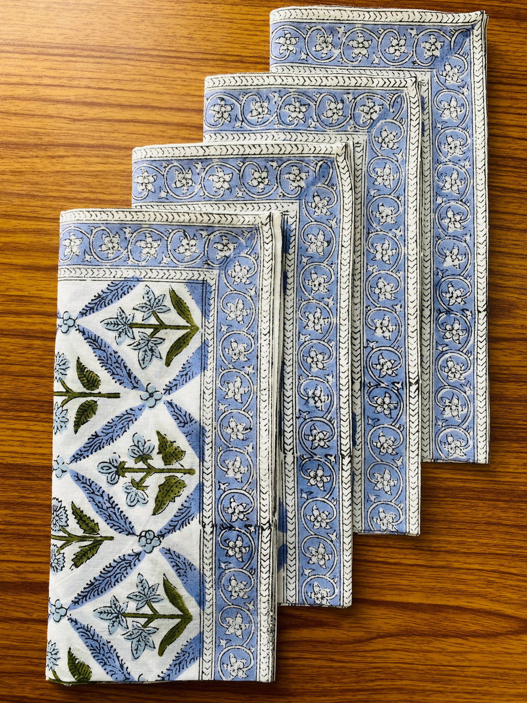 Light Steel Blue, Olive Green Indian Floral Hand Block Printed 100% Pure Cotton Border Napkins Size 20x20"