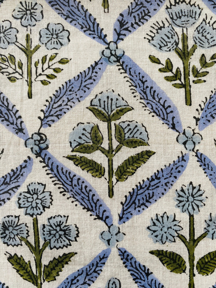 Light Steel Blue, Olive Green Indian Floral Hand Block Printed 100% Pure Cotton Border Napkins Size 20x20"
