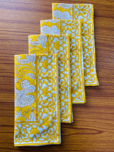 Fabricrush Saffron Yellow and Off White Indian Floral Hand Block Printed Border 100% Pure Cotton Cloth Napkins Size 20x20" Mother' Day