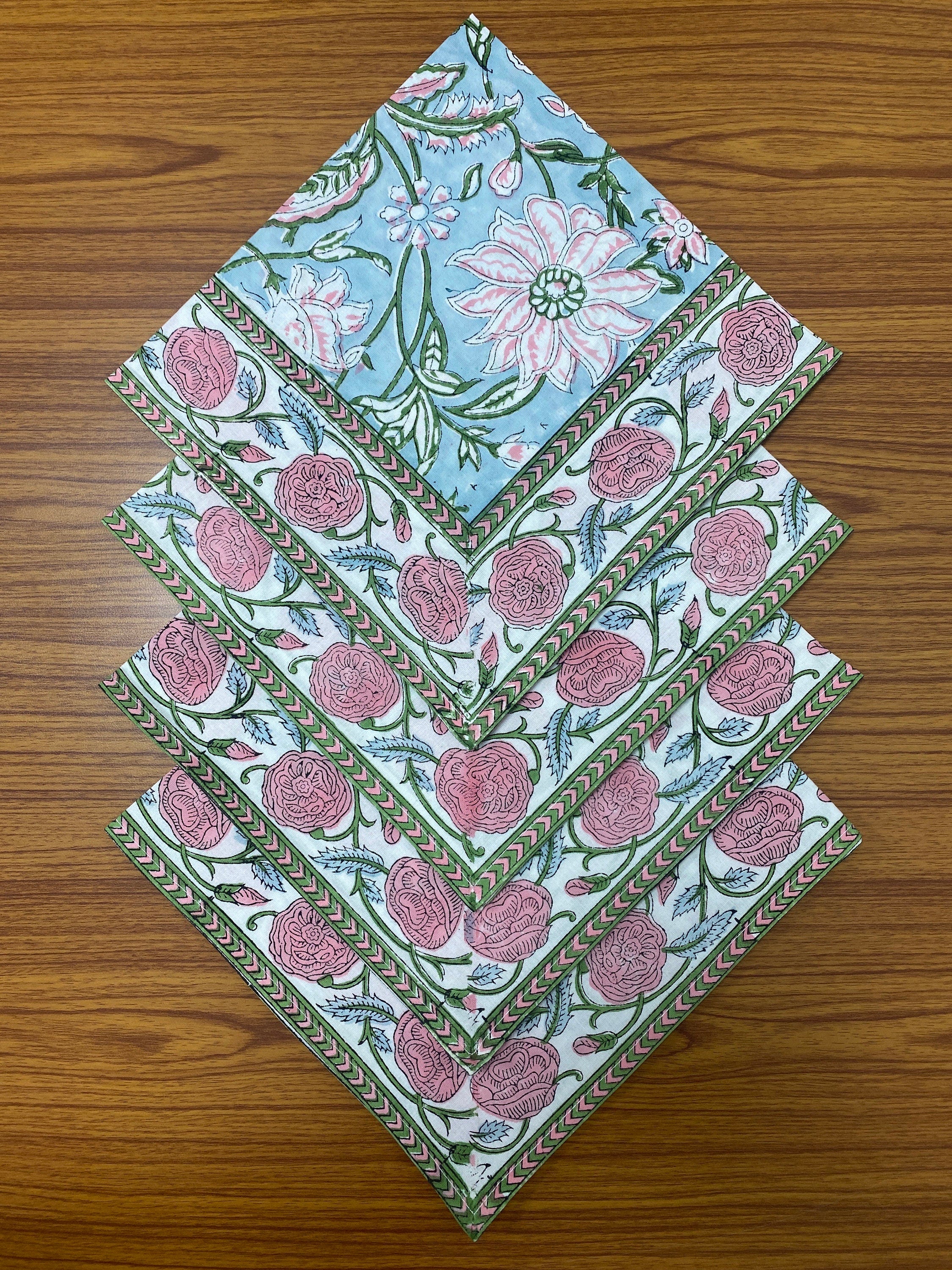 Ice Blue, Kelly Green, Pink Indian Floral Hand Block Printed Cotton Cloth Napkins Size 20x20