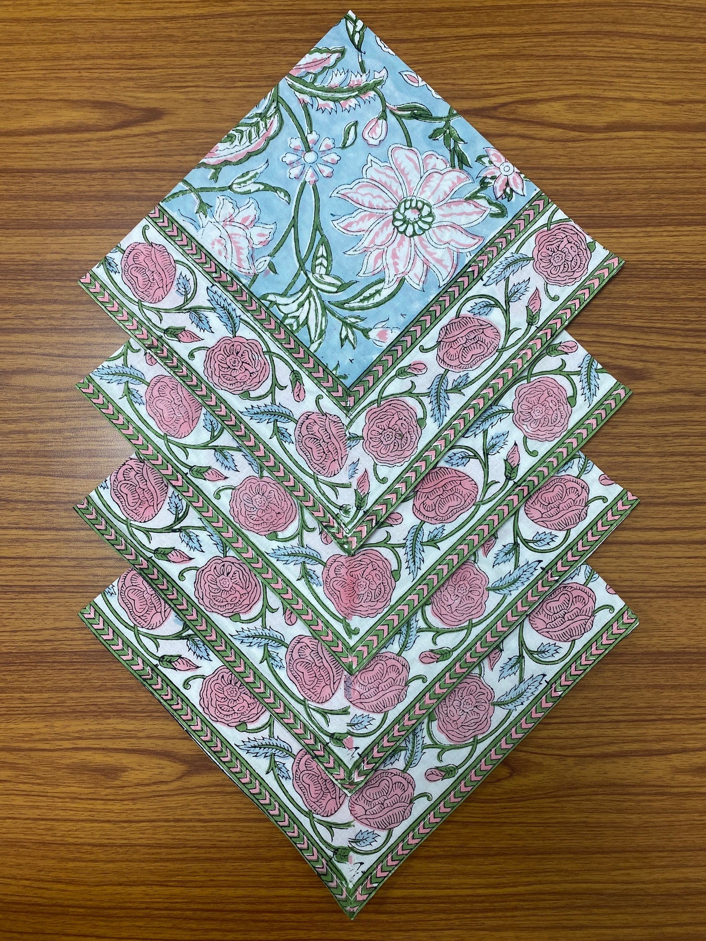 Ice Blue, Kelly Green, Pink Indian Floral Hand Block Printed Cotton Cloth Napkins Size 20x20" Set of 4,6,12,24,48 Wedding Events Home Party