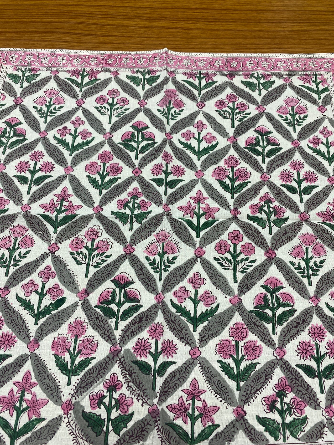 Watermelon Pink, Artichoke and Seaweed Green Indian Floral Hand Block Print Cotton Cloth Napkins Size 20x20" Wedding Events Home Party Gift
