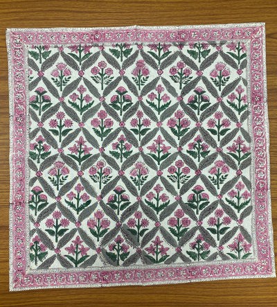 Watermelon Pink, Artichoke and Seaweed Green Indian Floral Hand Block Print Cotton Cloth Napkins Size 20x20" Wedding Events Home Party Gift